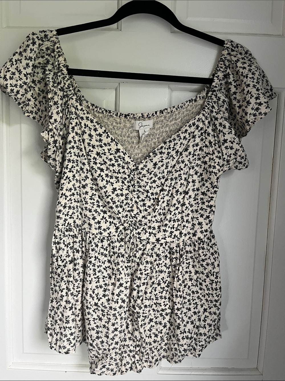 Japna Cream and Black Floral Ruffled Peplum Blouse
